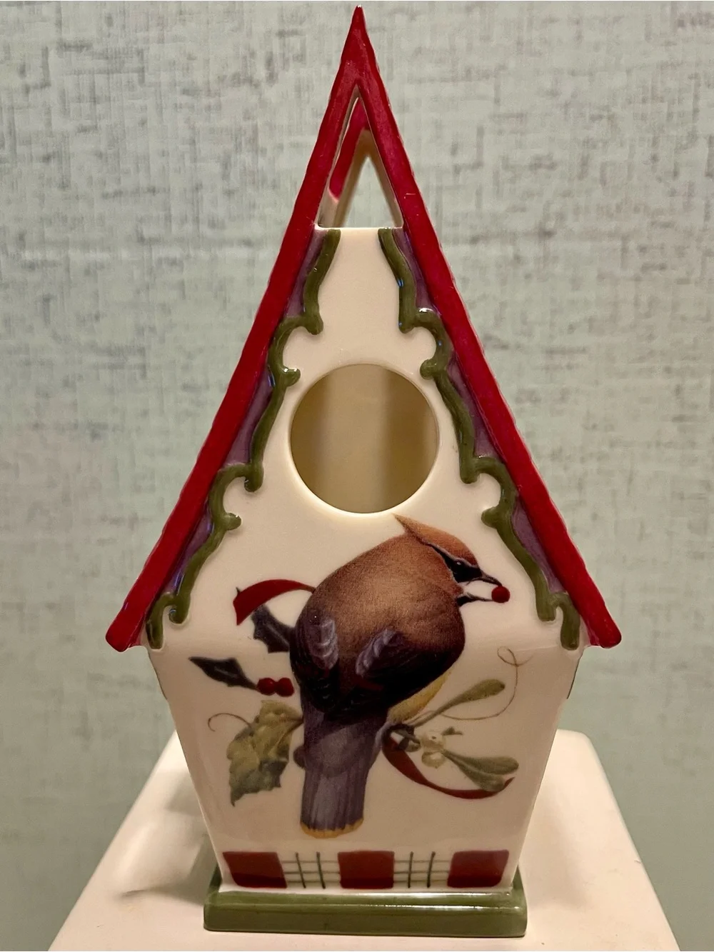 VINTAGE Lenox Winter Greetings Ceramic Votive Holder CEDAR WAX WING BIRD EUC